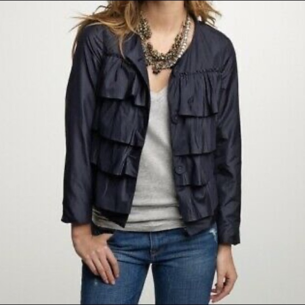 J. Crew Black Silk Cascading Tiered Ruffled Jacket Size 0